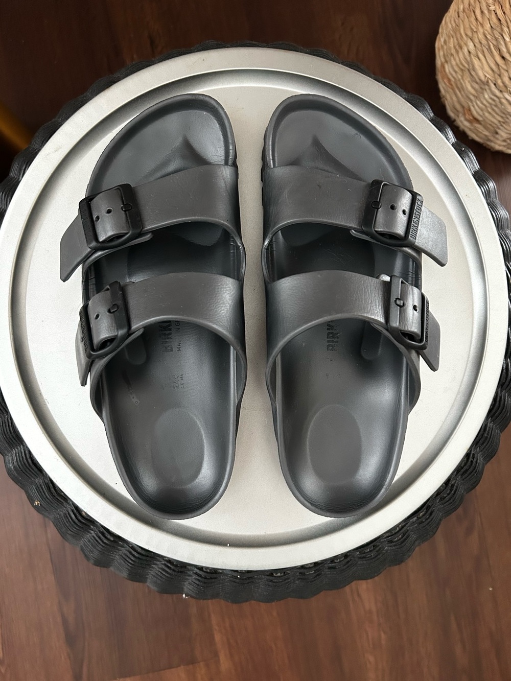 Unisex Big-Buckle Birkenstock Slide Sandals in Anthracite Dark Gray.